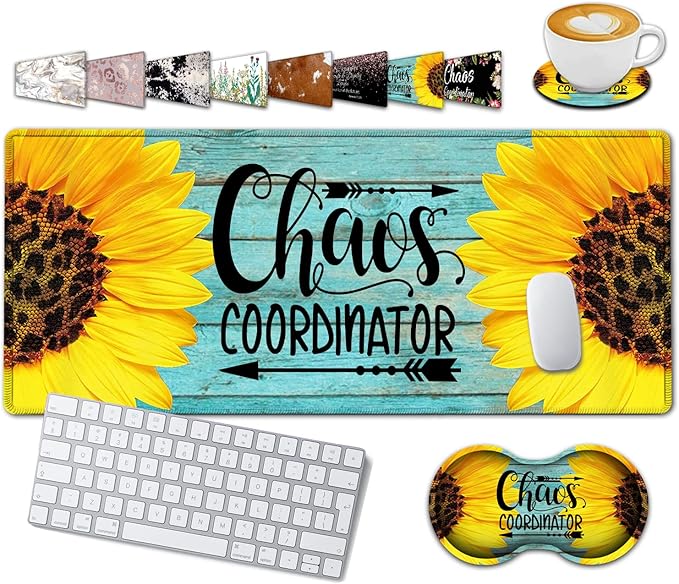 Large Gaming Mouse Pad, 31.5x11.8in Extended Computer Mouse Mat with Non-Slip PU Base,Ergonomic Memory Foam Keyboard Wrist Rest,for Work Gaming,Sunflower Chaos Coordinator Blue Office Desk Pad