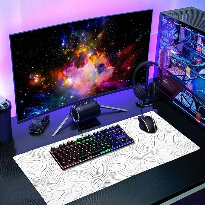 Topographic Map Mouse Pad Large White Lines Contour Geographic Extended Desk Mat 60x35 CM Non-Slip Rubber Base Stitched Edge Long Mousepad, 24x14 Inch