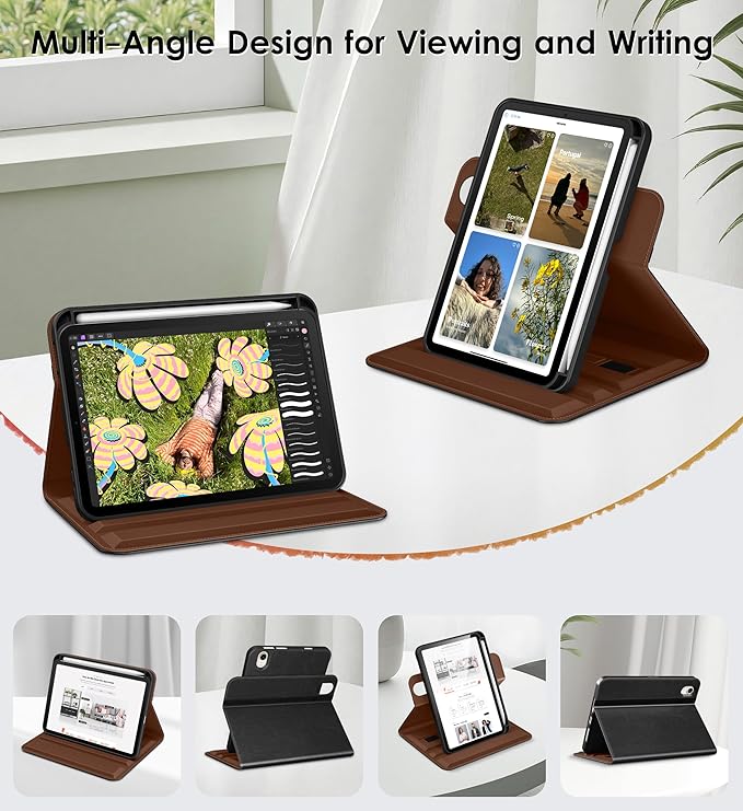 DTTO for iPad mini 7 (A17 Pro) Case, iPad mini 7th / 6th Generation Case (2024/2021), 360 Degree Rotating Premium Leather Folio Stand Cover with Pencil Holder, Black