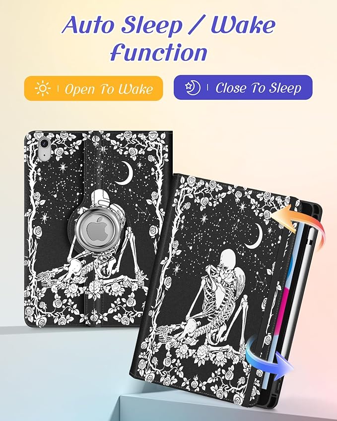 Kidcube for iPad 10th Generation Case 2022, for iPad (A16) Case 11th Generation 2025 - Women Girls Cute Rotating Stand Folio Cover with Pencil Holder & Card Slot Goth Skull Floral Design Cases