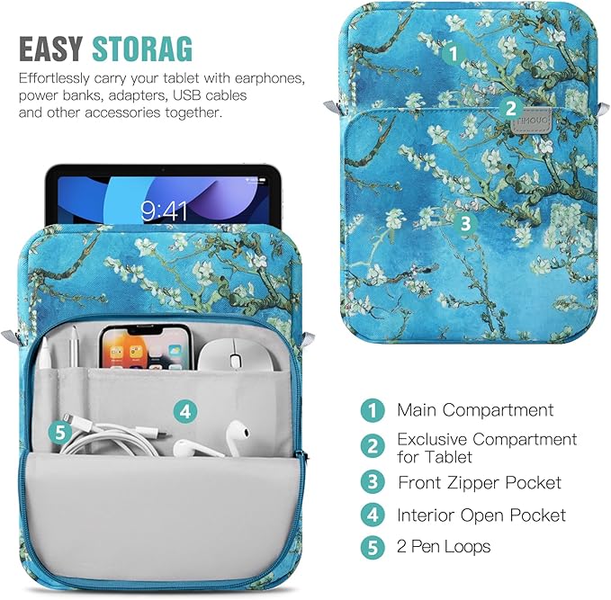 TiMOVO 9-11 Inch Tablet Sleeve Bag Carrying Case with Strap for iPad 11-inch A16 2025, iPad 10.9"/10.2", Galaxy Tab A9 Plus 11", Apricot Blossom