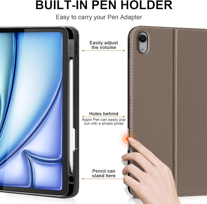 Leather Case for iPad Air 11" M4/M3/M2 (2026/2025/2024) & 10.9" 5th/4th Gen (2020/2022) with Pencil Holder & Buckle, Auto Wake/Sleep, Shockproof Adjustable Stand,Gray Brown