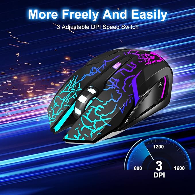 Wireless Gaming Mouse, Rechargeable Wireless Computer Mouse with Type-C Fast Charging, Ergonomic Mouse with 3 Adjustable DPI, 6 Silent Buttons, LED Light, Long Battery Life for Laptop, PC, Mac
