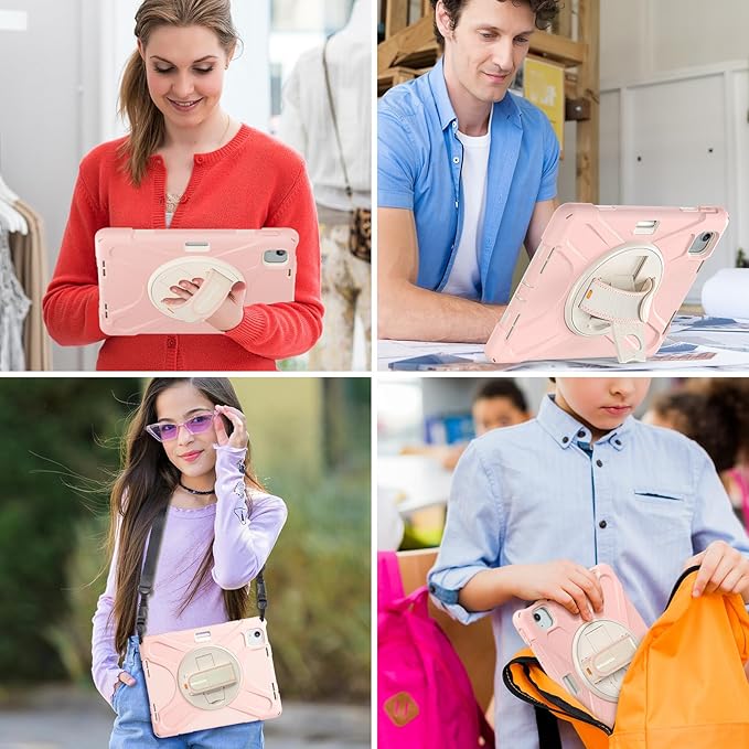 BRAECNstock Kids Case for iPad Air 11 inch (M4/M3/M2)/ Air 5th/4th Gen/Pro 11 inch 4th/3rd/2nd/1st Gen, Shockproof Protective with Pen Holder, Rotating Hand Strap+Stand, Shoulder Strap, Sakura Pink