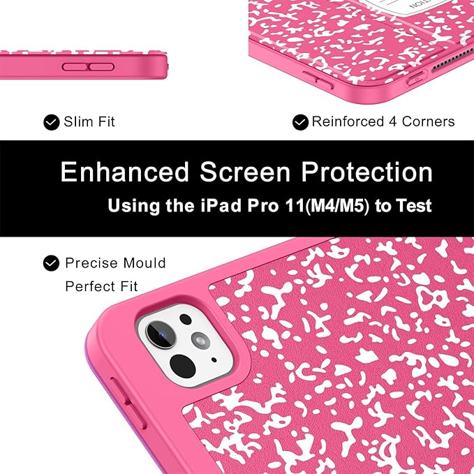 Soke Case for New iPad Pro 11 Inch (M5/M4) 5th Generation 2024-2025 with Pencil Holder - [Shockproof + Apple Pencil Charging + Auto Wake/Sleep], Soft TPU Back Cover for iPad Pro 11", Book Hot Pink