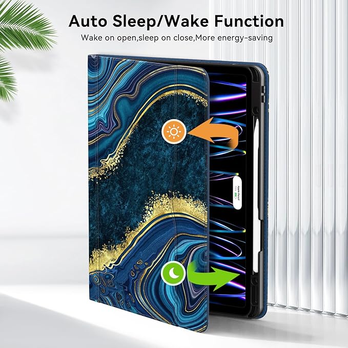 Zonefoker Case for New iPad Pro 12.9 inch 6th/5th/4th/3rd Generation 2022/2021/2020/2018, 12.9'' ipad Pro Leather Protective Cover 6/5/4/3 Gen with Pencil Holder, Auto Wake/Sleep, Marble Ocean Blue