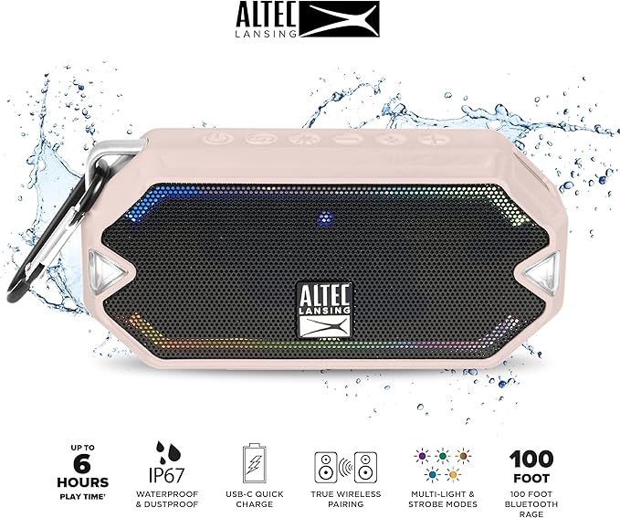 Altec Lansing - HydraMini Wireless Bluetooth Speaker, IP67 Waterproof USB C Rechargeable Battery with 6 Hours Playtime, Compact, Shockproof, Snowproof, Everything Proof (Petal Pink)