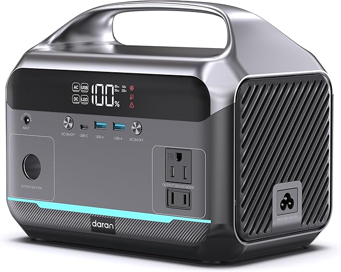 DARAN Portable Power Station 600W (1200W Peak), 288Wh Solar Generator LiFePO4 Battery with AC DC Outlets, 2hrs Fast Charging, 7-Port Design for Emergency, Hurricane (Solar Optional)