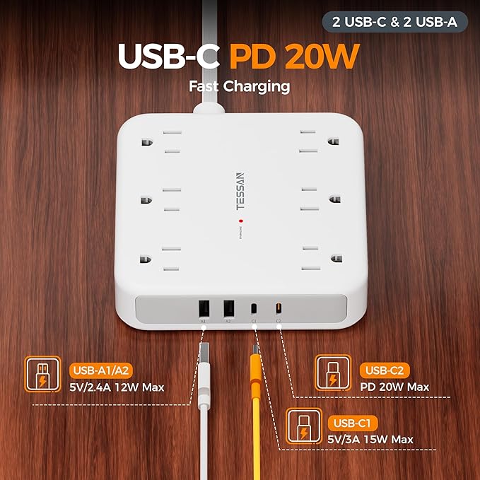 TESSAN 5Ft Grey Extension Cord with Multiple Outlets, 2100J Surge Protector Power Strip with 6 Outlets and 4 USB Ports (2 USB C), 1875W 15A, 20W Multi Outlet Extender for Home, Office, Dorm