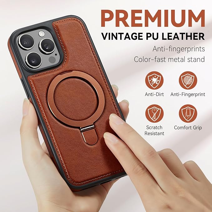 Compatible with iPhone 15 Pro Case with Stand, Compatible with MagSafe, Slim PU Leather & Durable TPU Protective Cover Drop-Proof with Tempered Glass Screen Protector 6.1", Brown