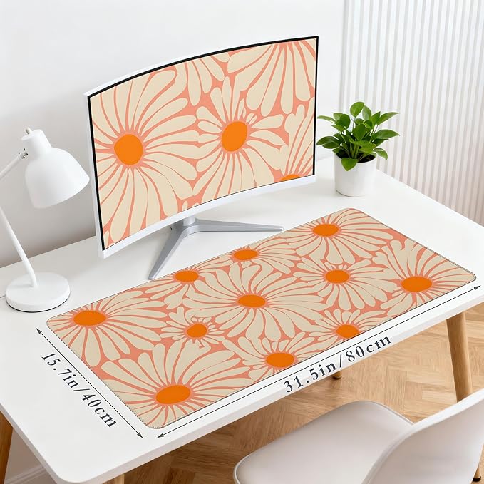 Desk Cover Mat, Extended Large Anime Mouse Pad, Computer Laptop Mat Desk Decor for Office Game Home 31.5 X 15.7 Inch (Orange Floral)
