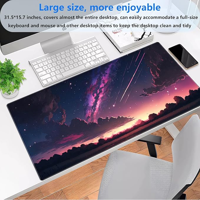 Anime Aesthetic Purple Galaxy Cloud Mouse Pad XXL Extended Gaming Desk Mat 31.5x15.7 Inch for Laptop, Keyboard & Mouse, Office Computer Desk Decor