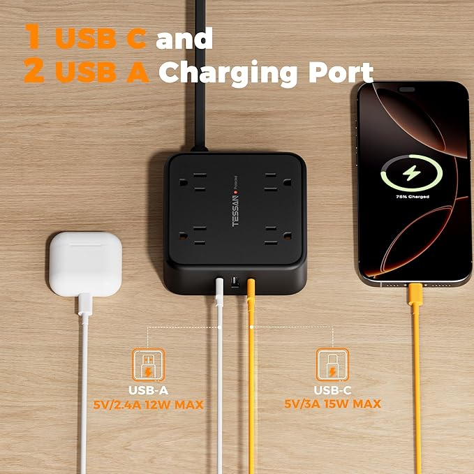 TESSAN Surge Protector Power Strip, 5 Ft Flat Plug Extension Cord with 3 USB (1 USB C) 8 Outlets, 1250W, 900J Protection, 3 Sided Outlet Extender with Power Switch for Office, Dorm Room, Black