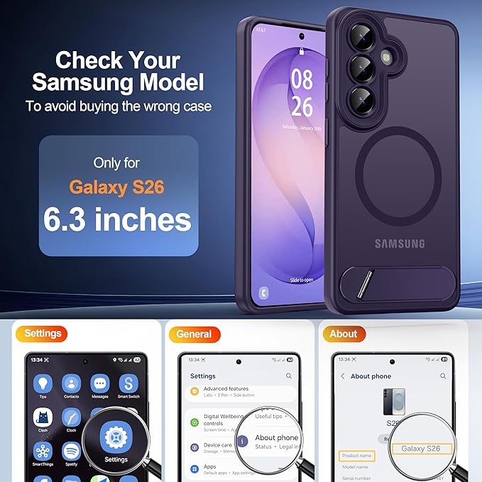 Magnetic for Samsung Galaxy S26 Case, [Compatible with MagSafe][Full Camera Protection][Built-in Invisible Kickstand] Translucent Matte Phone Case for S26 6.3" - Purple