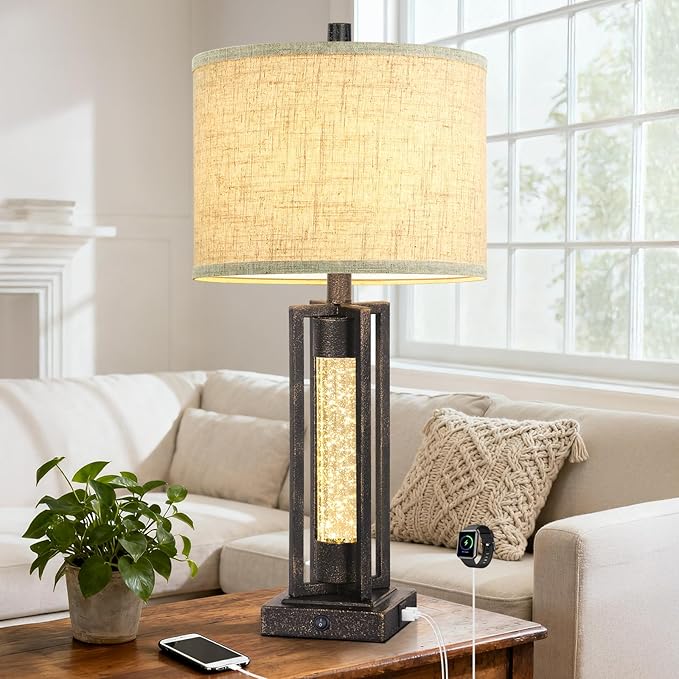 TOBUSA 26’’ Farmhouse Table Lamp for Living Room, Rustic Vintage Tall Nightstand Lamp for Bedroom with 2 USB Ports and Crystal Night Light, Retro Bedside Lamp for End Table Entryway Home Deco, Bronze