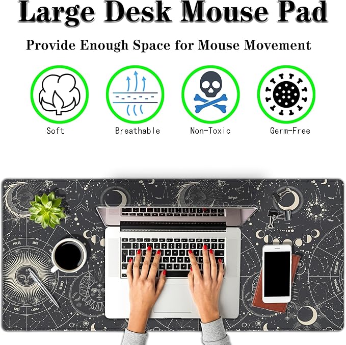 Big Mouse Pad Black Gaming Mousepad Computer Desk Accessories for Men Keyboard Mats Computer Pad Non-Slip Rubber Base 35.4 X 15.7 for Game Office, Vintage Engraved Witch Style