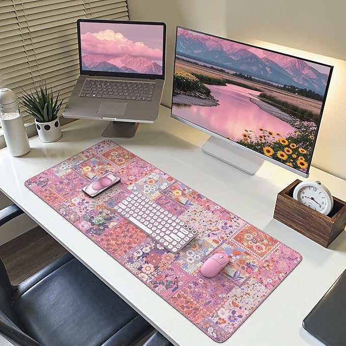 HAOCOO Rose Desk Cover Mat, Cute Floral Keyboard Mat with Stitched Edges, Pink Non-Slip Table Mat Desk Protector for Home Decor, 35.4“ x 15.7" Waterproof Mouse Pad for Office