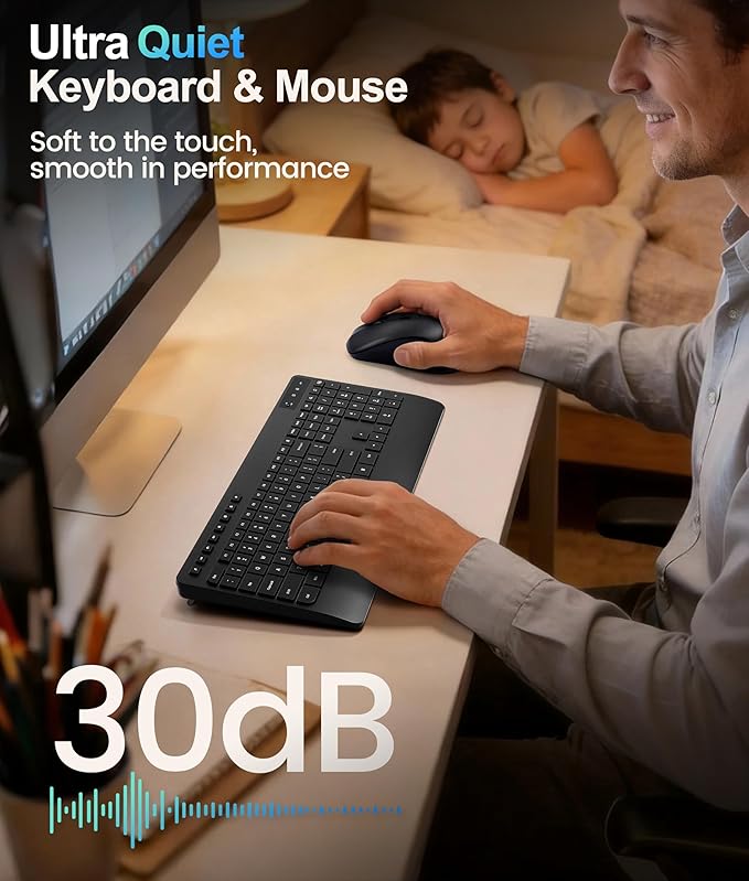 Quiet Wireless Keyboard and Mouse Combo – 3-Level DPI Silent Mouse, Full-Size Ergonomic Wrist Rest, 2.4GHz Plug-and-Play, Multimedia Hotkeys for Windows Computer/Laptop, Black