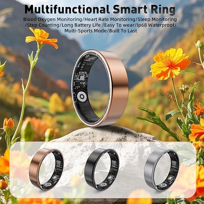 Smart Ring with Sleep Monitoring, Step Counting, Heart Rate, Blood Oxygen for iPhone and Android, No Subscription Fee, IP68 Waterproof Health Tracker (Rose Gold, 7)
