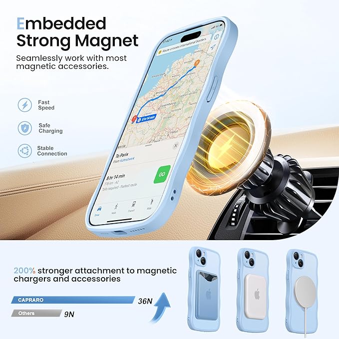 CAPRARO for iPhone 15 Case with 360° Spin Magnetic Stand for Women, [Compatible with MagSafe] [Full Camera Protection] Cute Wave Translucent Matte Case for iPhone 15, Sky Blue