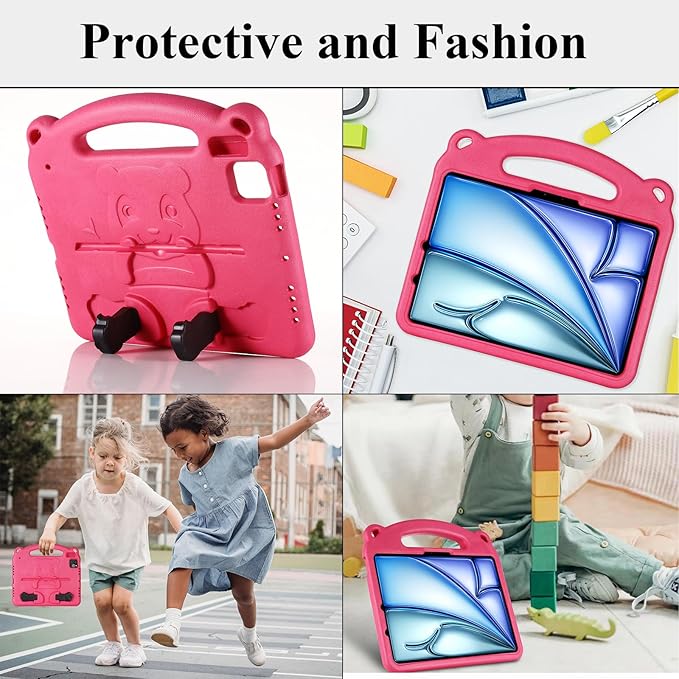 Kids Case for Apple iPad Pro 11 inch M5/M4 Tablet (2025/2024) with Handle/Kickstand Slim Lightweight Cute Soft EVA Foam Shockproof Folio Stand Protective Cover for Boy Girl Teens, Rose