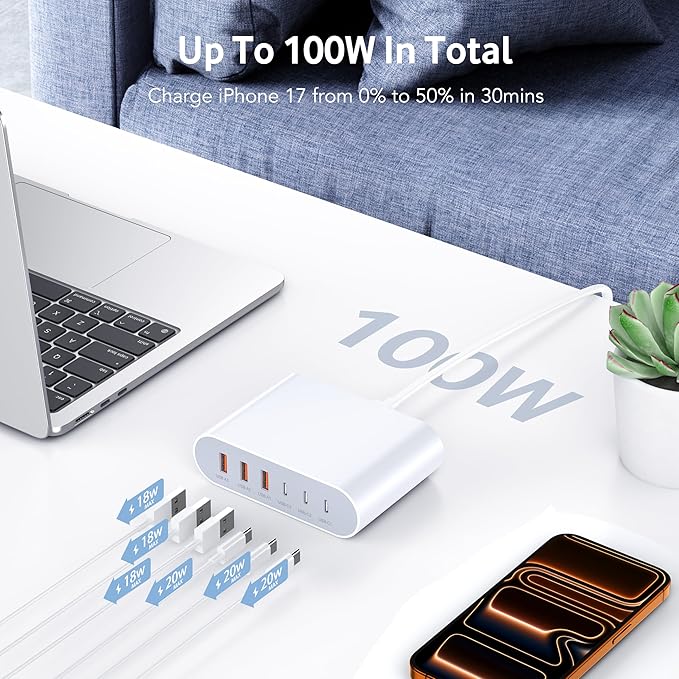 100W USB C Fast Charger Block Compact GaN 6 Port PD USB C and QC USB A Wall Charger Type C Charging Station Hub Adapter Plug Cube Brick for iPhone 17 16 15 14 Pro Max iPad Pro Air Samsung Pixel LG