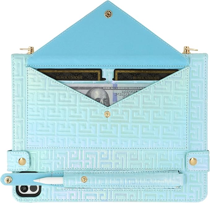 Shiny Case for iPad Pro 12.9" 6th/5th/4th Gen & iPad Air 13-inch Handbag w/Hand Strap, Techcircle Crossbody Iridescent Folio Stand Wallet Case w/Pencil Holder+Shoulder Strap, Shiny Blue