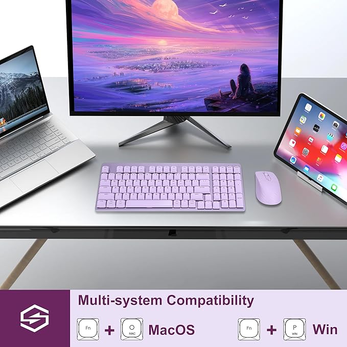 LeadsaiL Wireless Keyboard and Mouse Combo, 2.4Ghz Cordless Mechanical Keyboard and Silent Mouse for Business, Low-Profile Red Switch, 98-Key Compact Slim Keyboard for Windows/MacOS PC Laptop- Purple