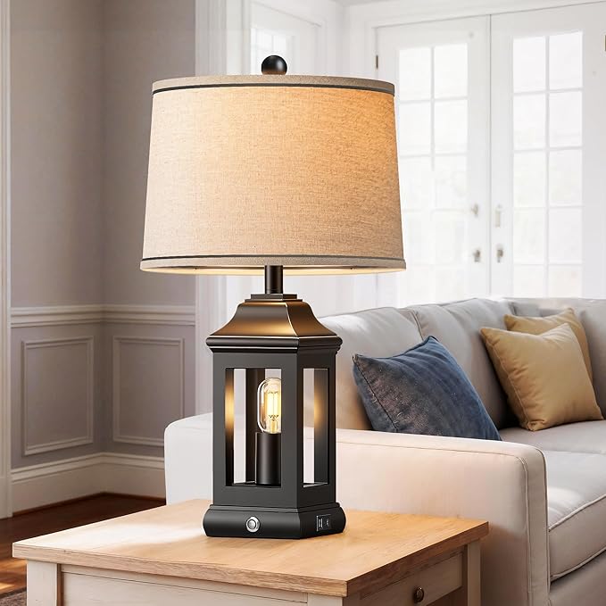 24" Rustic Farmhouse Table Lamps for Living Room, Single Pack Touch Dimmable Nightlight Vintage Bedside Lamps with USB A+C Ports & Dual Light Sources for Bedroom Nightstand End Table, Matte Black