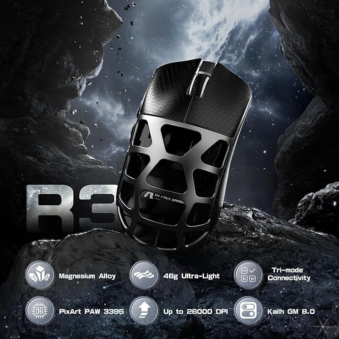 FELICON x Attack Shark R3 Magnesium Alloy Wireless Gaming Mouse, 46g Ultra-Lightweight Skeletal Shell, PAW3395 26K DPI, 8K Polling, Tri-Mode 2.4G/BT/Wired, for PC Mac Laptop - Gray & Griptape