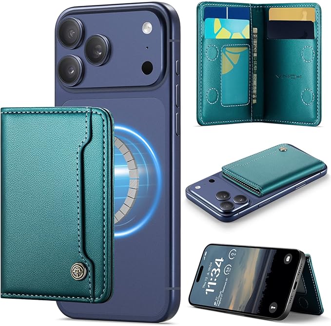 Vinich for MagSafe Wallet Magnetic RFID Blocking Card Holder Compatible with MagSafe Phones and Cases, Strong Magnet Minimalist Phone Wallet for iPhone 17/16/15/14/13/12/Pro/Max/Plus, Bluish Green