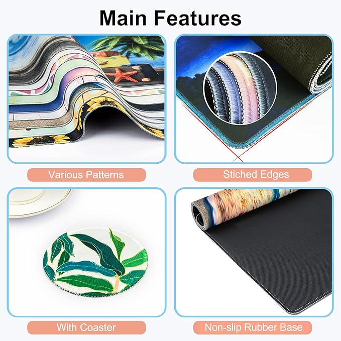 Large Gaming Mouse Pad with Coaster, Desk Matt for Desktop, Desk Pad, Mouse Pads Mat, Stitched Edges Big Extended Mousepad for Computer Keyboard Laptop Office Decor, 31.5'' x15.6''-Leaves 4