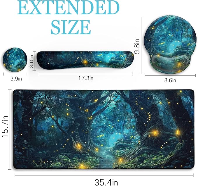 LIMKRIAN Ergonomic Mouse Pad Set Large Desk Matt for Desktop, Gaming Mouse Pad Wrist Rest Keyboard Mat Cup Coaster Set Cute Office Desk Decor Accessories for Women, Firefly Forest