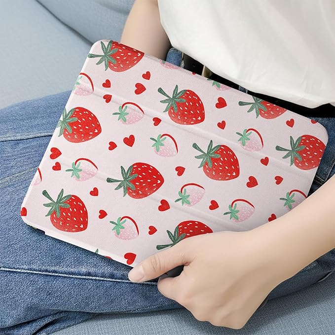 MrARTIST for iPad Air 11 Inch Case M3/M2 - Air 5th/4th Generation 10.9" Cute Women Girls Girly Kawaii Aesthetic Kawaii Design for Apple Air Tablet Cover with Pencil Holder, Strawberry
