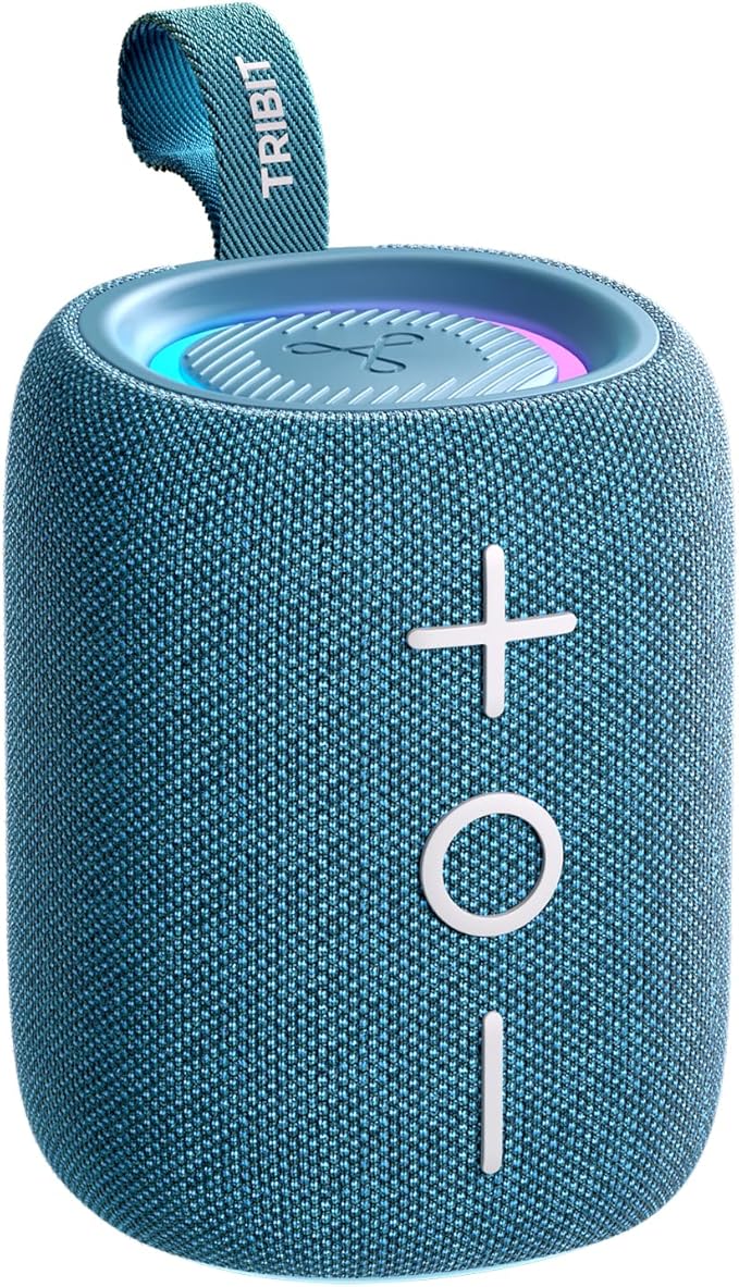 Tribit Portable Bluetooth Speaker StormBox Mini+, 12W Shower Speaker with 360°Surround Sound, 12H Playtime, Custom EQ, BT5.4, IPX7 Waterproof, RGB Lights, Type-C, AAC/SBC, TWS, Party/Beach/Gift (Blue)