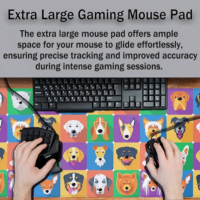 Gaming Pad Long Mousepad, Extra Large Mouse Pads Desk Mouse Pad, Mouse Pad Big Non-Slip Rubber Base Waterproof with Stitched Edges, 35.4 X 15.7 inch for Work/Game/Office/Home Portrait Puppy