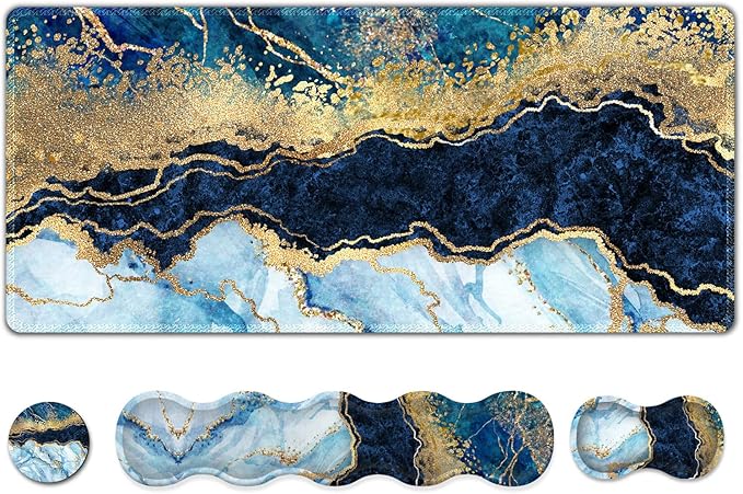 Upgraded Extended Gaming Mouse Pad, Keyboard Wrist Rest Pad, Wrist Support Mousepad Set, Artso Large Stable Rubber Base Stitched Edges, Multifunctional Desk Pad (35 x15.5 in), Blue Marble