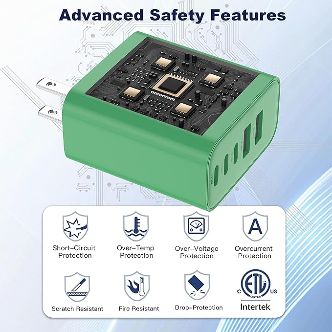USB C Charger Block, 60W 5 in 1 Charging Blocks, PD 3.0 Fast Charger, QC 2A Green Wall Plug Multiport Type C Charging Block for iPhone 17 16 15 14 13 12 Pro Max, iPad, iPod, Samsung, AirPods Pro