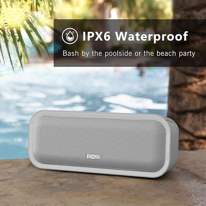 DOSS SoundBox Pro+ Bluetooth Speaker, Immersive 24W Stereo Sound with Booming Bass, IPX6 Waterproof, 15H Playtime, Mixed Colors Lights, Wireless for Backyard, Hiking, Garage, Party-Grey