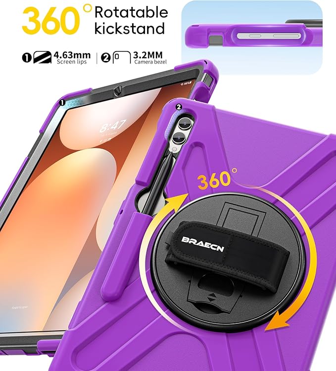 BRAECN for Samsung Galaxy Tab S10+ Plus/S9+/S9 FE + /S8+ Plus/S7 +Plus /S7 FE 12.4 Inch,Heavy Duty Shockproof Case with S Pen Holder&360 Rotating Hand Strap/Kickstand/Shoulder Strap -Purple