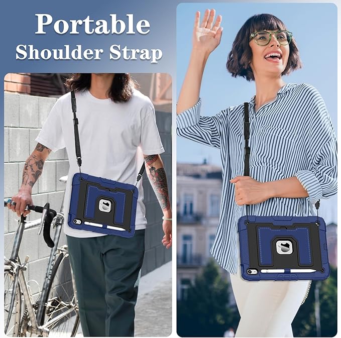 Kids Friendly Case for iPad A16 11th Generation 11 Inch 2025 / iPad 10th Generation 10.9" 2022 Case with Pencil Holder & Shoulder Strap, Hybrid iPad 11 10 Cover Rugged Shockproof Kickstand,Blue+Black