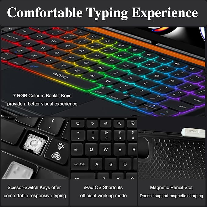WIWU iPad Pro 11 inch Case with Keyboard M4/M5 2024/2025 Magnetic Detachable 3 in 1 Case Bluetooth Keyboard Adjustable Stand 7 Colors Backlit Keys with Trackpad (Black, iPad Pro 11"(M4/M5 2024/2025))