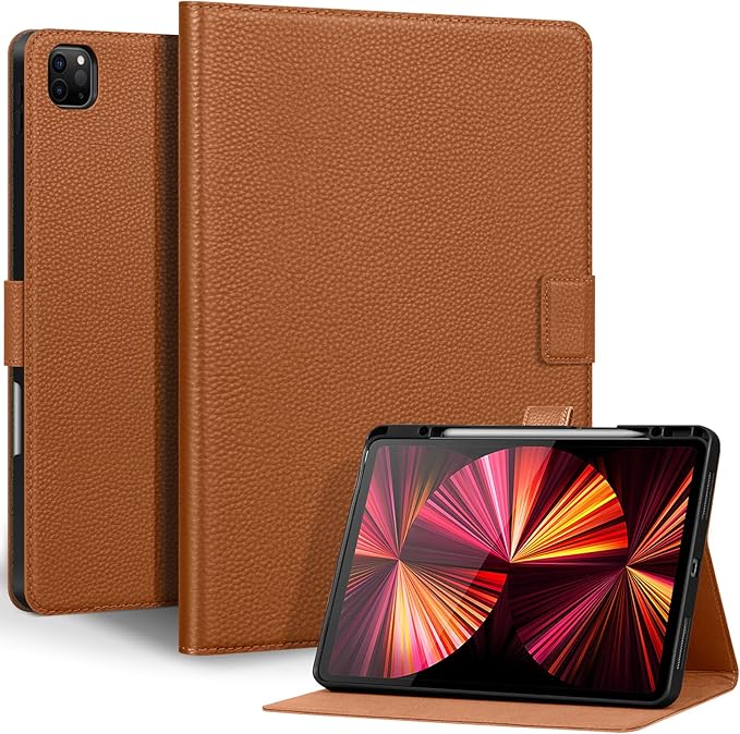 Genuine Leather Case for iPad Pro 12.9 inch 6th/5th/4th/3rd Generation 2022/2021/2020/2018 | with Pencil Holder and Adjustable Stand, Magnetic Closure, Auto Wake/Sleep Cover | Brown