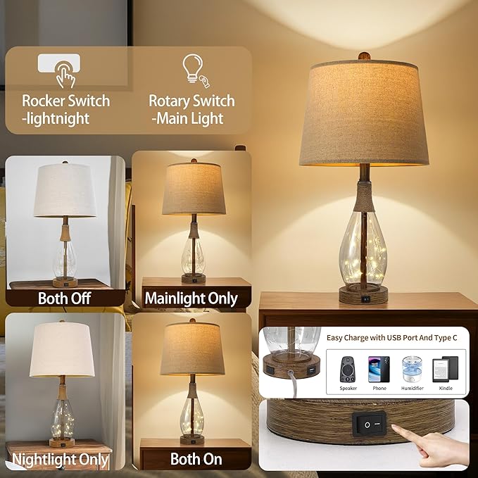 OYEARS 23" USB A+C Table Lamp for Bedroom Living Room Modern Bedside Lamps Retro Farmhouse Rattan Glass Nightstand Nightlight Lamps,Two Light Points