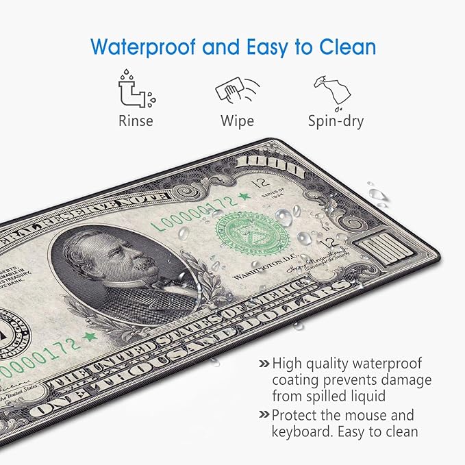 Desk Pad Mat Gaming Mouse Pads with Coasters Set, Stitched Edges Design Mouse Pad XXL Large Mouse Pad for Laptop Computers 1000 Dollar Bill Desk Writing Mat for Office & Home 31.5x 11.8