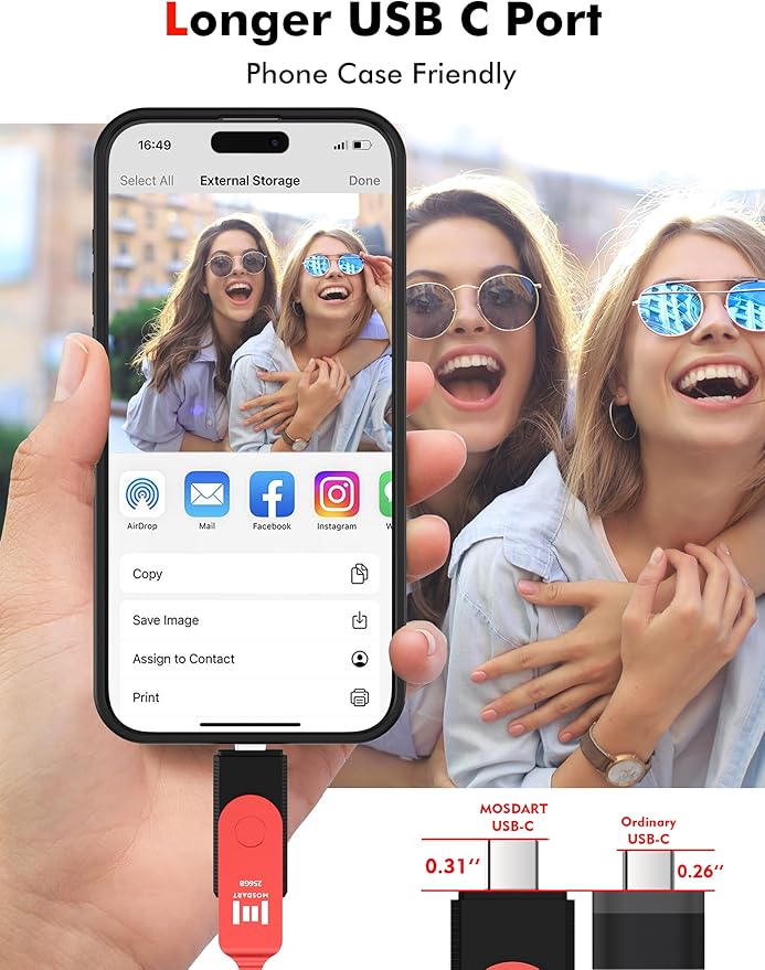 MOSDART 256GB USB C 3.2 Fast Speed C and A Dual Flash Drive, exFAT Memory Stick with Keychain and LED Indicator, for iPhone 15,16,17, Android Phone, iPad, MacBook, and Other Laptops, Red