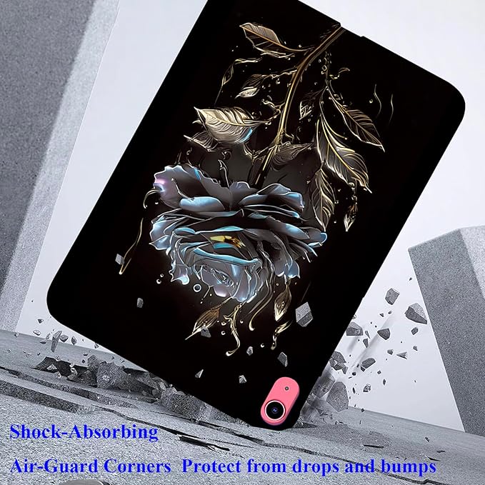 for Apple iPad (A16) 11th Generation Case 11 inch 2025 & iPad 10th Generation Case 10.9 inch 2022, Lightweight Soft TPU Back Shockproof Cover Silicone Bumper Shell, Black Rose Flower