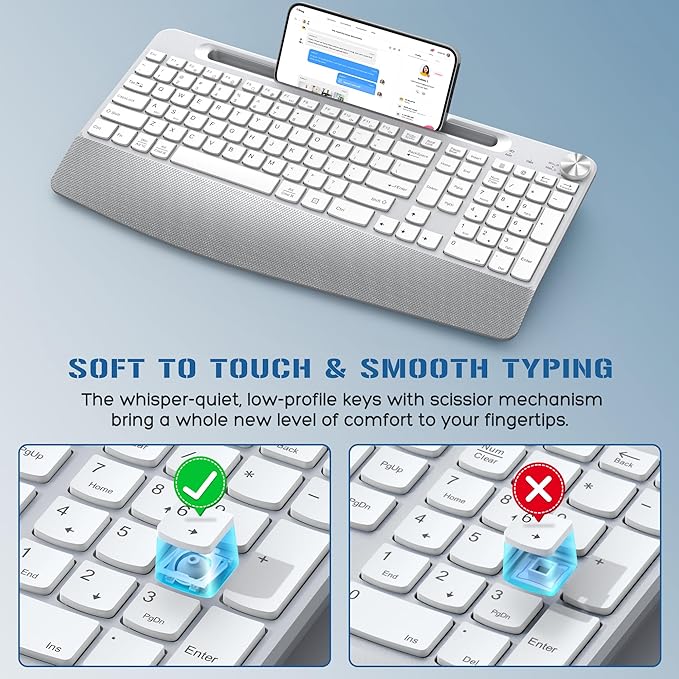 GAMCATZ Ergonomic Wireless Keyboard with Wrist Rest-Low-Profile,Phone/Tablet Holder,Quiet Design，Windows & Mac OS，Full Size Cordless USB Computer Keyboard for Desktop,Laptop, PC, Mac, Windows-White