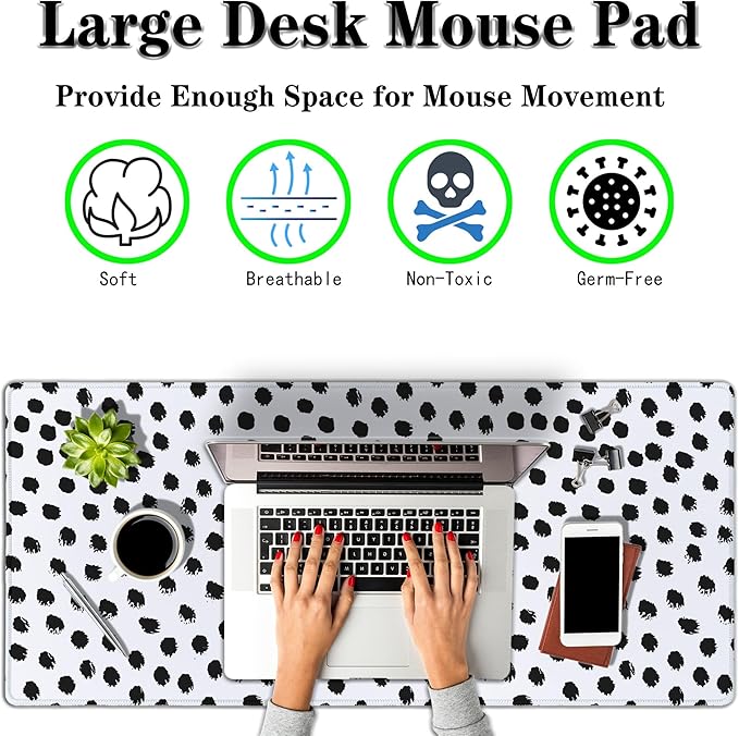 Big Gaming Mouse Pad - Black/White Desk Pad, Large Non-Slip Rubber Base Waterproof with Stitched Edges, 35.4 X 15.7 inch for Work/Game/Home