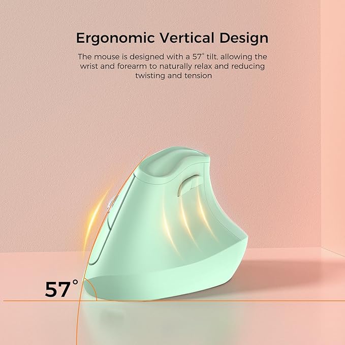 KYSONA 57° Ergonomic Wireless Tower Mouse, Vertical Quiet Ergo Mouse, Bluetooth(BT5.0,BT3.0)&2.4G, (800/1200/2400/2400/4000), 5 Buttons for Windows, macOS, iPadOS, Laptop, PC (Green)